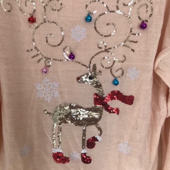 Christmas Sequin Reindeer Jingle Bells Holiday Sweater Size XL Pink - Picture 3 of 4